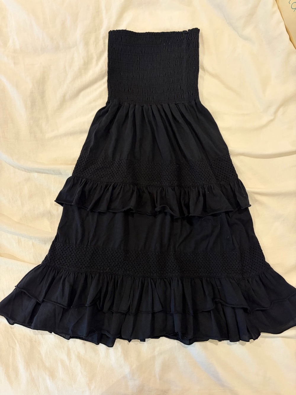 Chico’s Strapless Black Ruffled Midi Dress